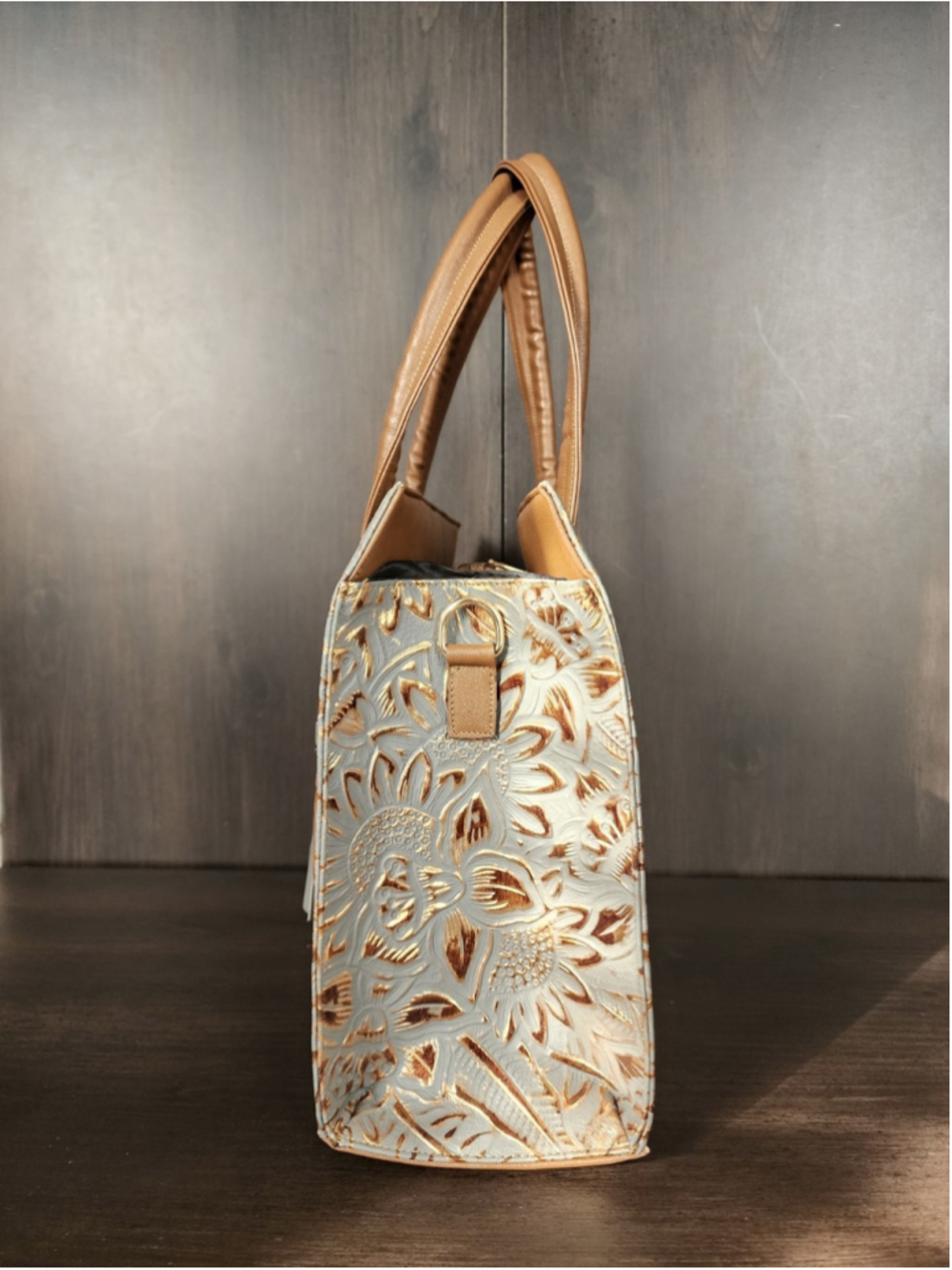 Sunflowers Blue Gray Bronze Stitched Embossed Tooled Artisan LEATHER Bag Purse - Picture 7 of 16